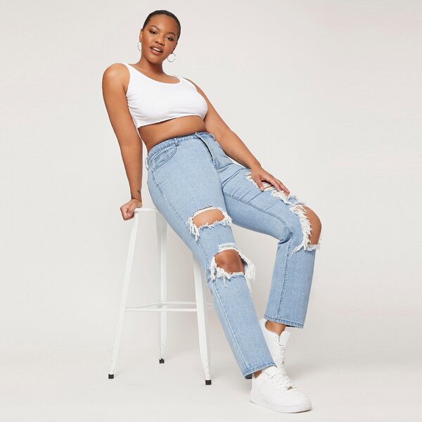 

Plus Ripped Detail Straight Leg Jeans, Light wash