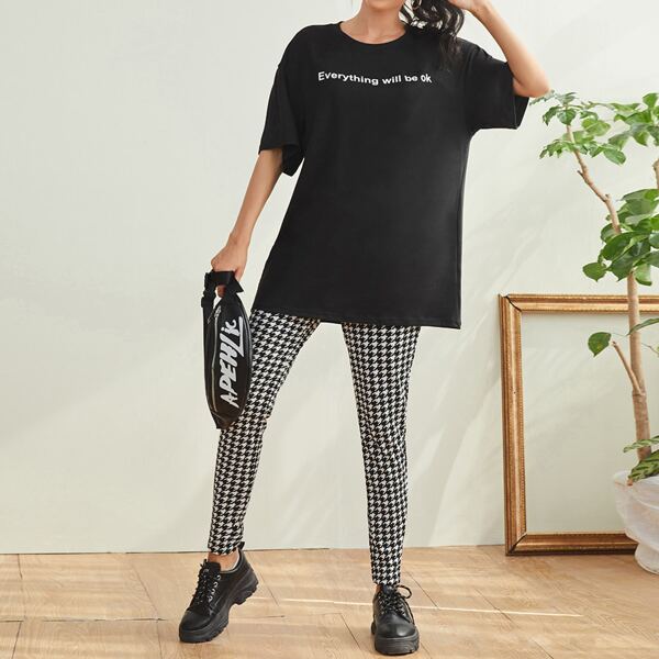

Slogan Graphic Oversized Tee With Houndstooth Skinny Pants, Black and white