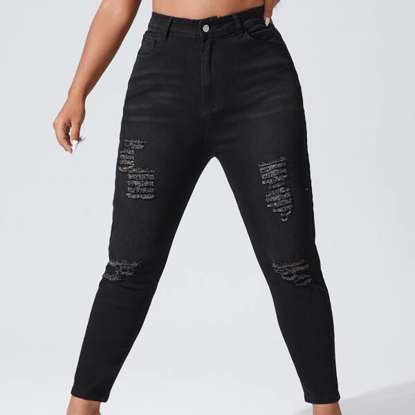 

Plus High Waist Ripped Skinny Cropped Jeans, Black