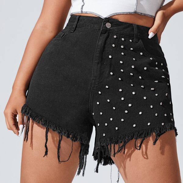 

Plus High Waist Rhinestone Fringe Hem Denim Shorts, Black