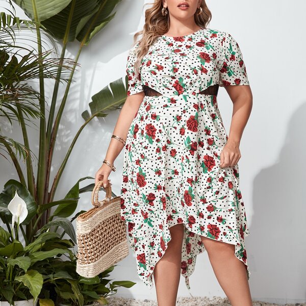 

Plus Floral and Polka Dot Print Contrast Lace Insert Hanky Hem Dress, Multicolor