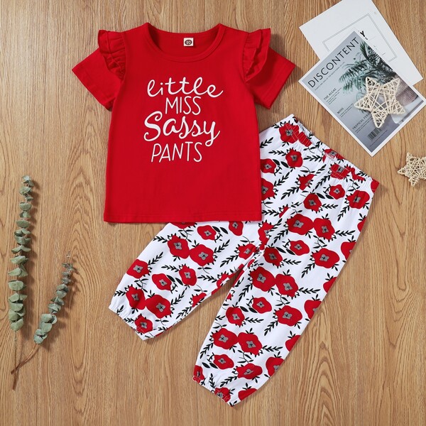 

Toddler Girls Slogan Graphic Tee & Floral Print Pants, Red and white
