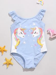 Toddler Girls Unicorn Print Ruffle One Piece Swimsuit - Baby Blue - View 1