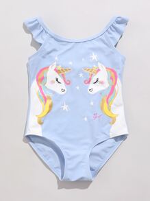 Toddler Girls Unicorn Print Ruffle One Piece Swimsuit - Baby Blue - View 3