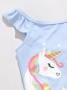 Toddler Girls Unicorn Print Ruffle One Piece Swimsuit - Baby Blue - View 4