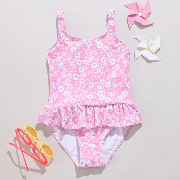 

Toddler Girls Floral Print Ruffle One Piece Swimsuit, Baby pink