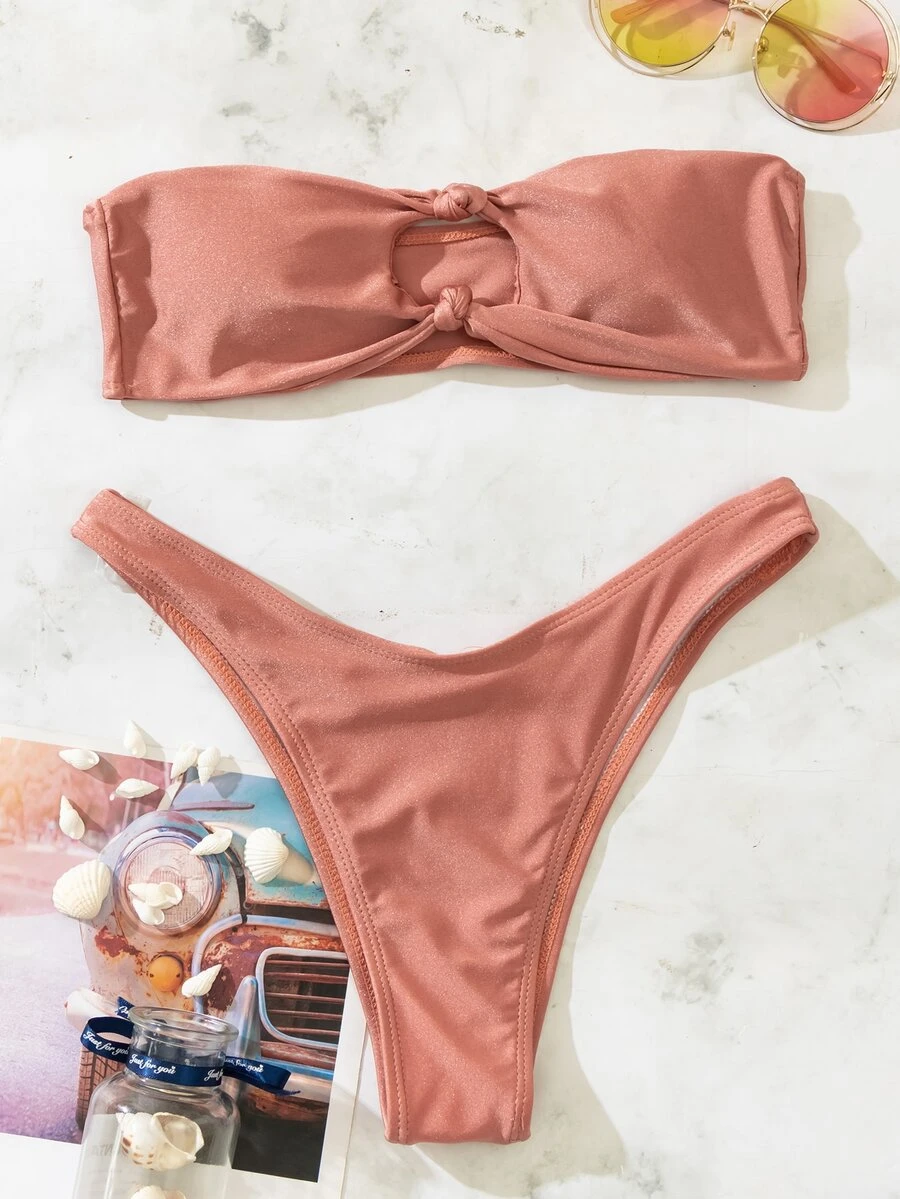 Bikini bandeau con detalle de nudo - Rosa vieja - Ver 1