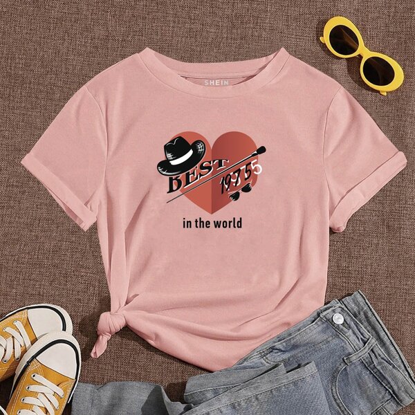 

Slogan & Heart Print Tee, Coral pink