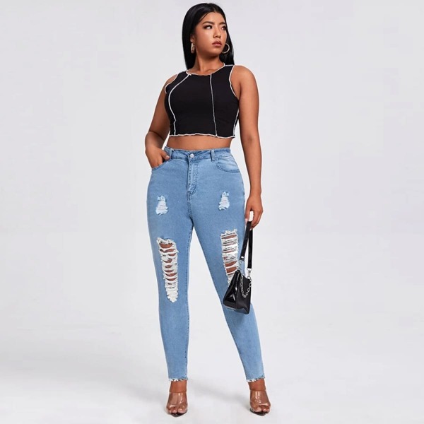 

Plus High Waist Ripped Jeans, Light wash