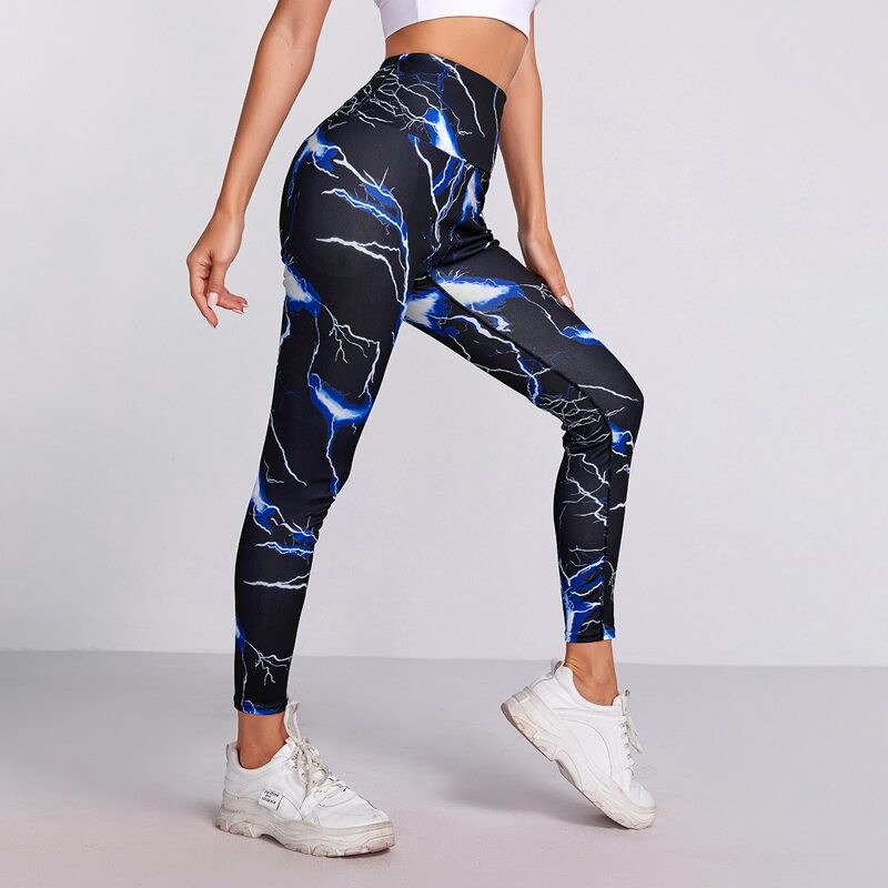 

Lightning Print Cropped Sports Leggings, Black