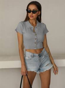 SHEIN Unity เสื้อครอปท็อป กระดุมหน้า โครง - สีเทา - ดู 1