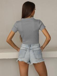 SHEIN Unity เสื้อครอปท็อป กระดุมหน้า โครง - สีเทา - ดู 2