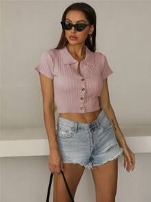 Geripptes Crop Top mit Knopf vorne - Altrosa - Übersicht 1