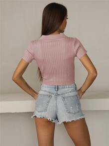 Geripptes Crop Top mit Knopf vorne - Altrosa - Übersicht 2