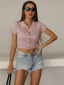 Geripptes Crop Top mit Knopf vorne - Altrosa - Übersicht 7