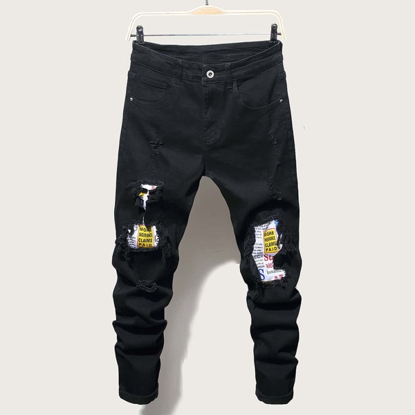 

Men Contrast Letter Panel Jeans, Black