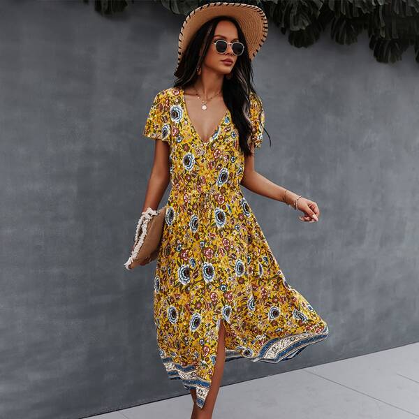 

Drawstring Waist Floral Print Slit Hem Dress, Mustard yellow