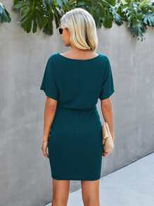 SHEIN LUNE Solid Batwing Sleeve Belted Fitted Dress - Teal Blue - View 2