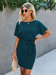SHEIN LUNE Solid Batwing Sleeve Belted Fitted Dress - Teal Blue - View 3