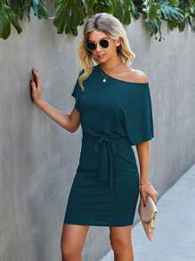SHEIN LUNE Solid Batwing Sleeve Belted Fitted Dress - Teal Blue - View 4