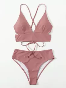 Swim Basics Summer Beach Solid V Neck Bikini - Dusty Pink - View 1