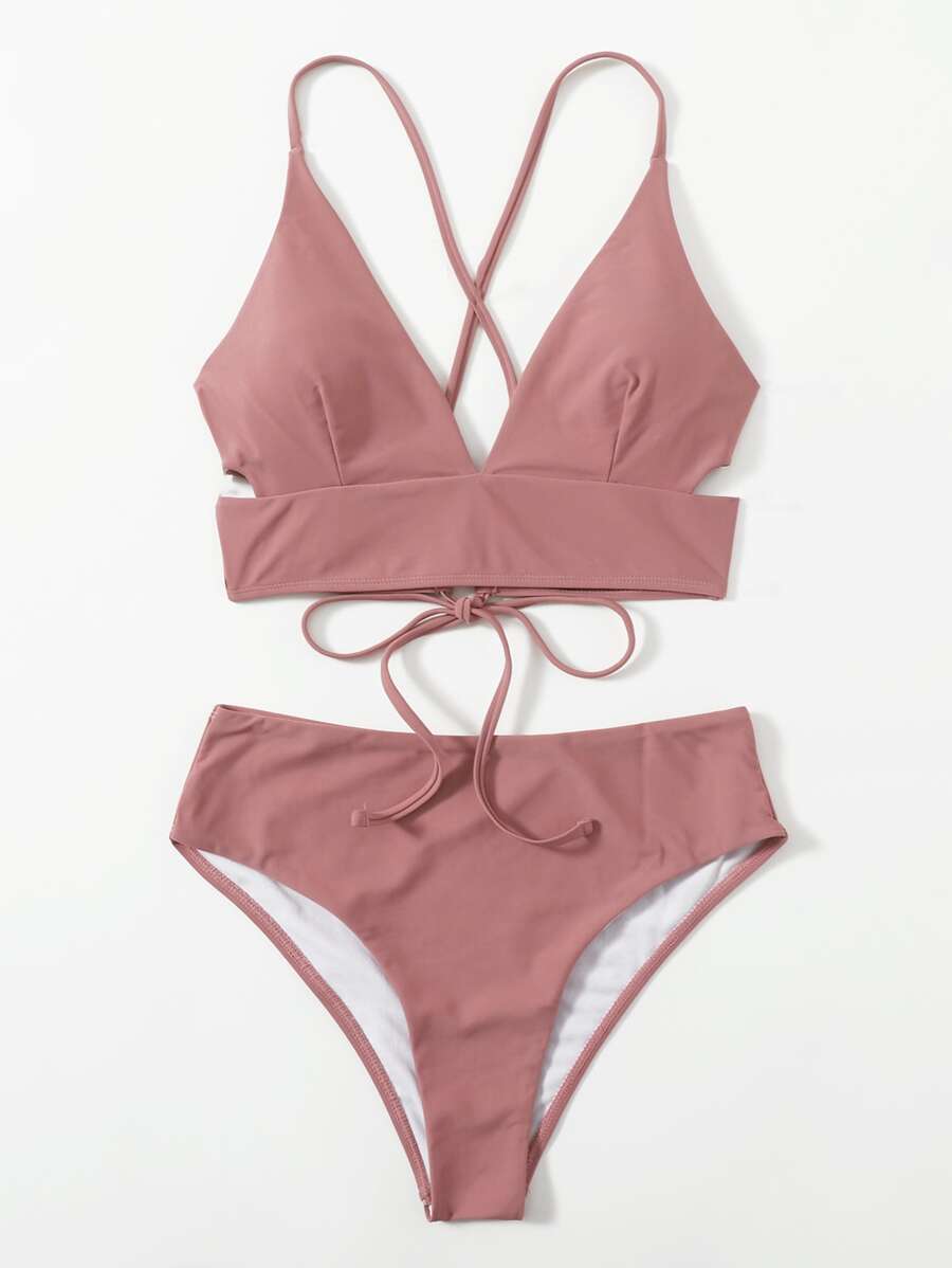 Swim Basics Summer Beach Solid V Neck Bikini - Dusty Pink - View 1