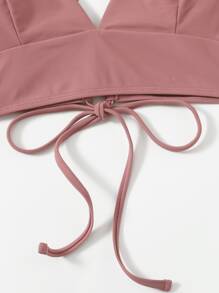Swim Basics Summer Beach Solid V Neck Bikini - Dusty Pink - View 3