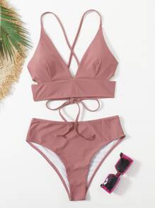 Swim Basics Summer Beach Solid V Neck Bikini - Dusty Pink - View 4