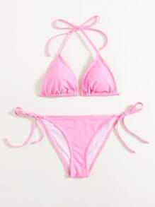 Swim Mod Summer Beach Mono Bikini Set Halter Triangle Bra & Tie Side Bottom 2 Pieces Bikini - Pink - View 1
