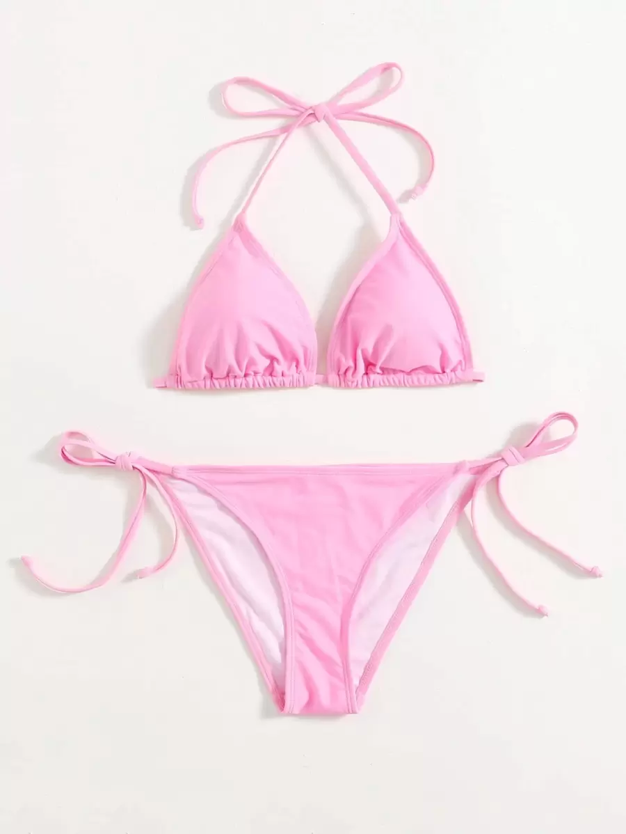 Swim Mod Summer Beach Mono Bikini Set Halter Triangle Bra & Tie Side Bottom 2 Pieces Bikini - Pink - View 1
