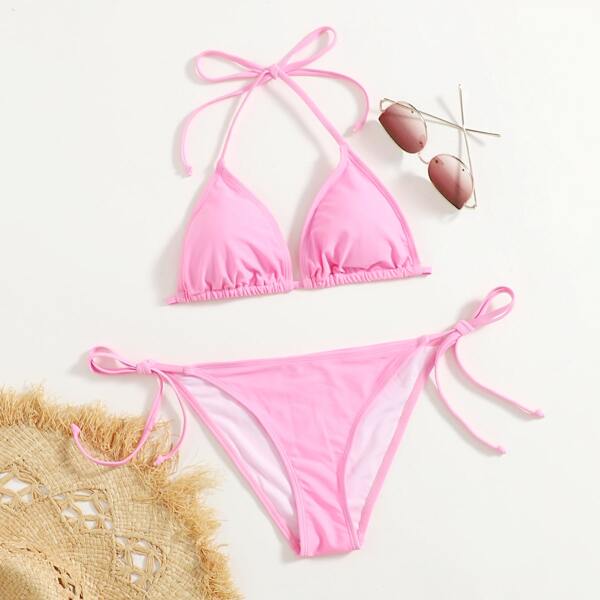 

Triangle Tie Side Bikini Swimsuit, Pink