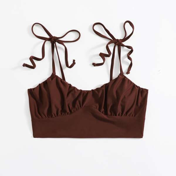 

Ruched Tie Shoulder Bikini Top, Brown