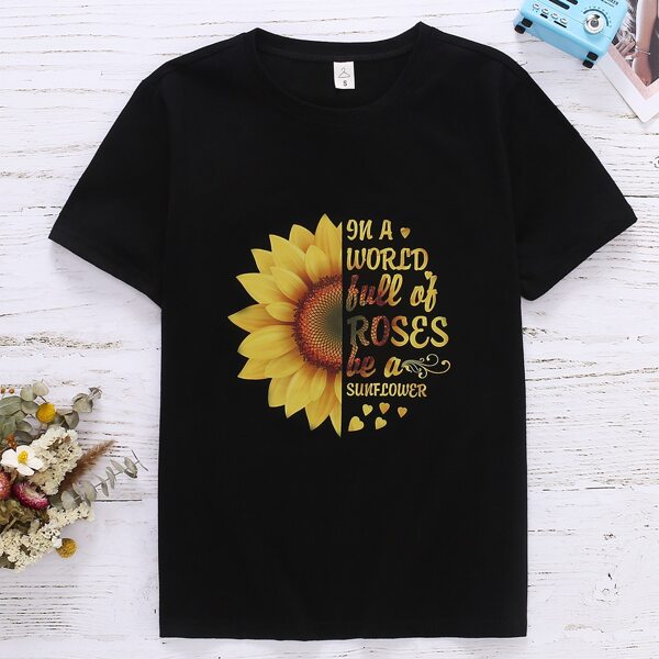 

1pc Sunflower And Slogan Graphic Tee, Black