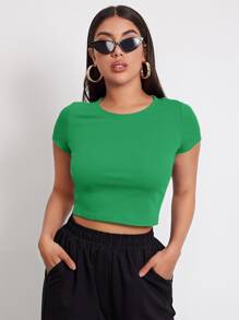 SHEIN EZwear Rib-knit Crop Top - Green - View 1