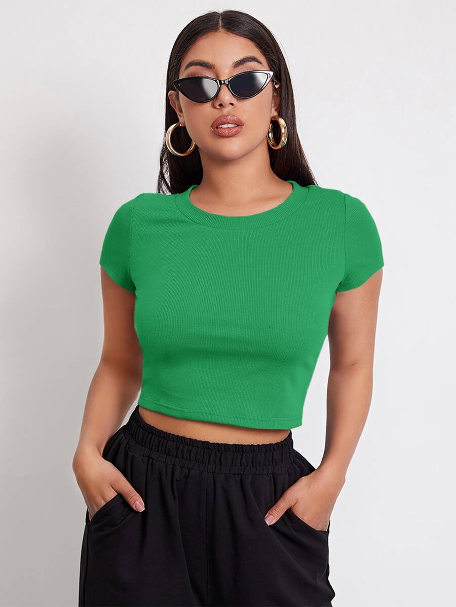 SHEIN EZwear Rib-knit Crop Top - Green - View 1
