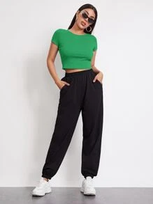 SHEIN EZwear Rib-knit Crop Top - Green - View 3