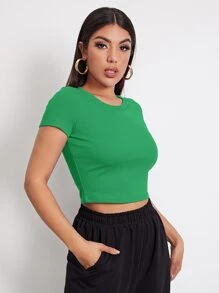 SHEIN EZwear Rib-knit Crop Top - Green - View 4