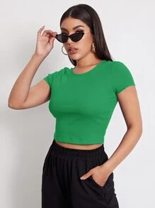 SHEIN EZwear Rib-knit Crop Top - Green - View 5