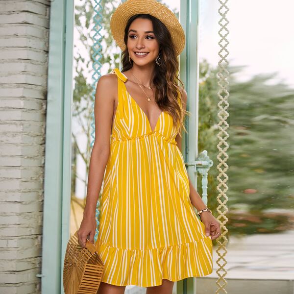 

Stripe Ruffle Hem Knot Shoulder Dress, Yellow