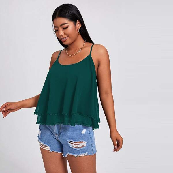 

Plus Contrast Lace Layered Hem Cami Top, Dark green
