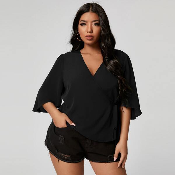 

Plus Knot Side Solid Blouse, Black