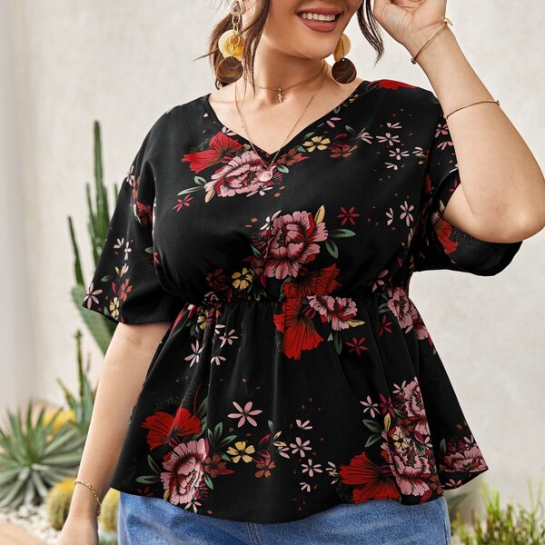 

Plus Floral Print Drop Shoulder Babydoll Blouse, Black