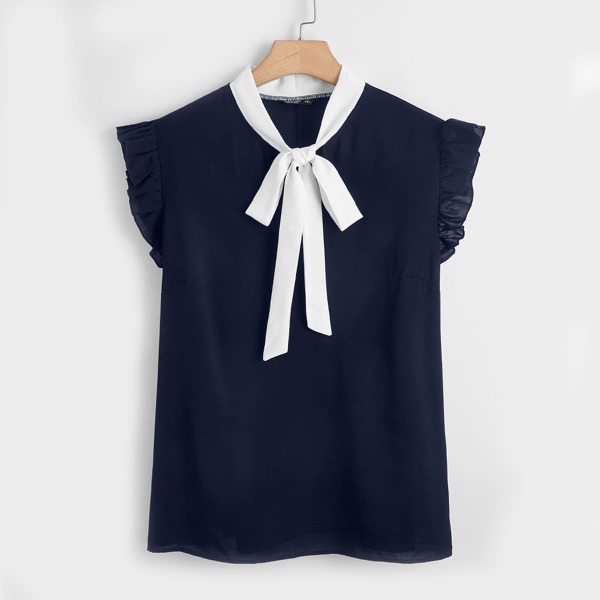 Plus Tie Neck Ruffle Trim Blouse, Navy blue