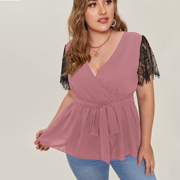 

Plus Lace-sleeve Belted Wrap Smock Blouse, Dusty pink