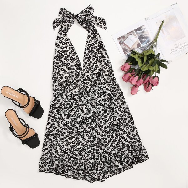 

Plus Ditsy Floral Halter Neck Ruffle Hem Romper, Black and white
