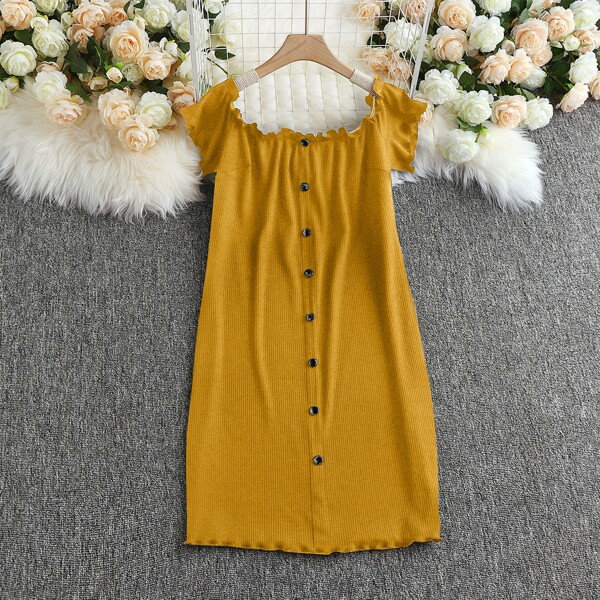 

Plus Solid Lettuce Trim Ribbed Dress, Mustard yellow