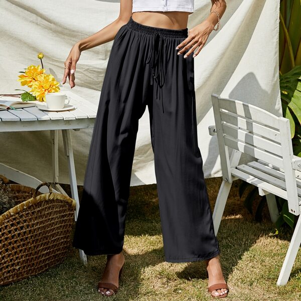 

Solid Knot Front Wide-leg Pants, Black