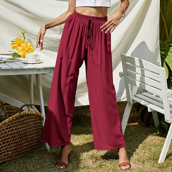 

Solid Knot Front Wide-leg Pants, Burgundy