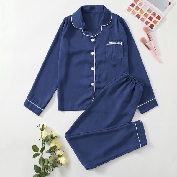 

Letter Embroidery Contrast Binding Satin Night Set, Royal blue