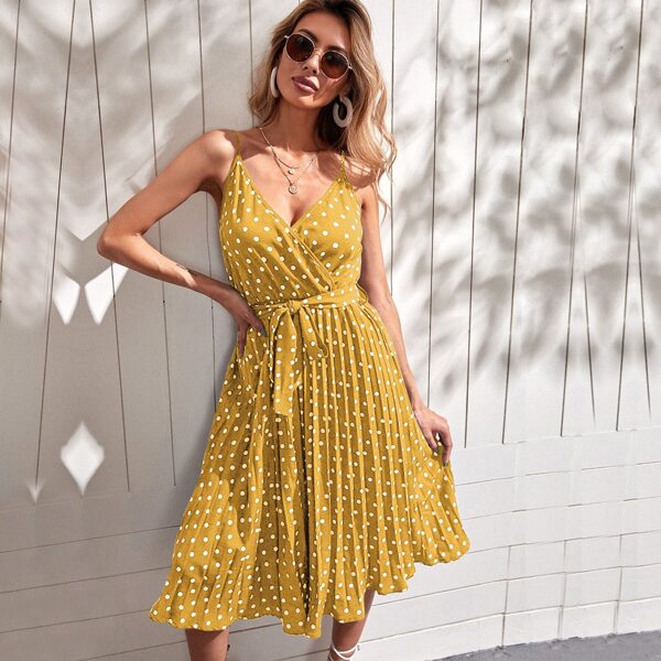 

Polka Dot Wrap Belted Cami Dress, Mustard yellow